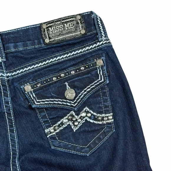 Miss Me Dark Wash Low Rise Studded Embroidered Easy Straight Jeans - Size 27 - Picture 7 of 14